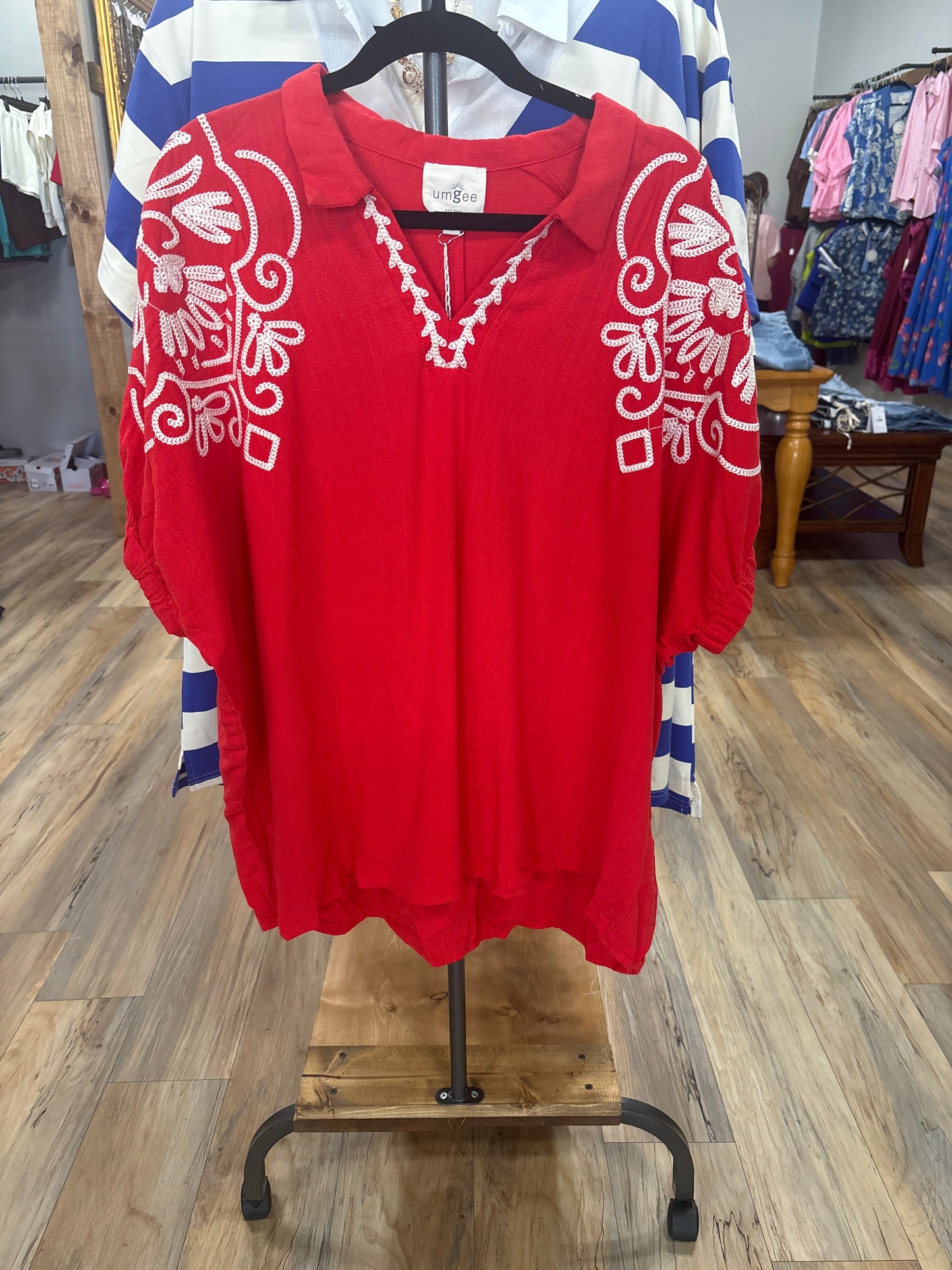 Umgee Embroidered Sleeve Top in Red Plus Size