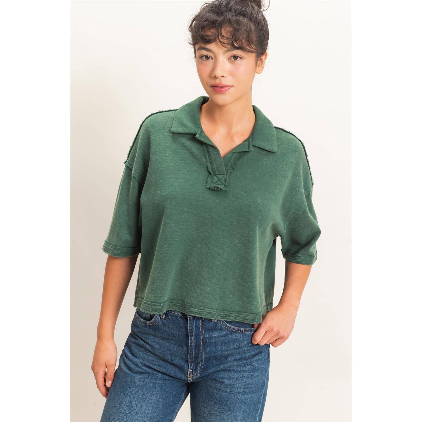 Double Zero Mineral Wash Oversized Collar Short Sleeve Top