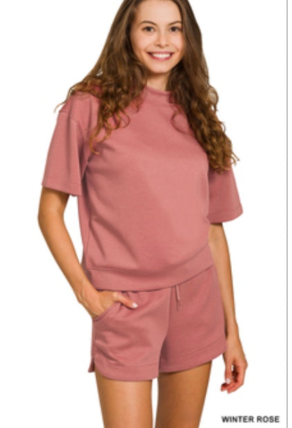 Zenana Scuba High Neck Top & Dolphin Shorts Set in Winter Rose