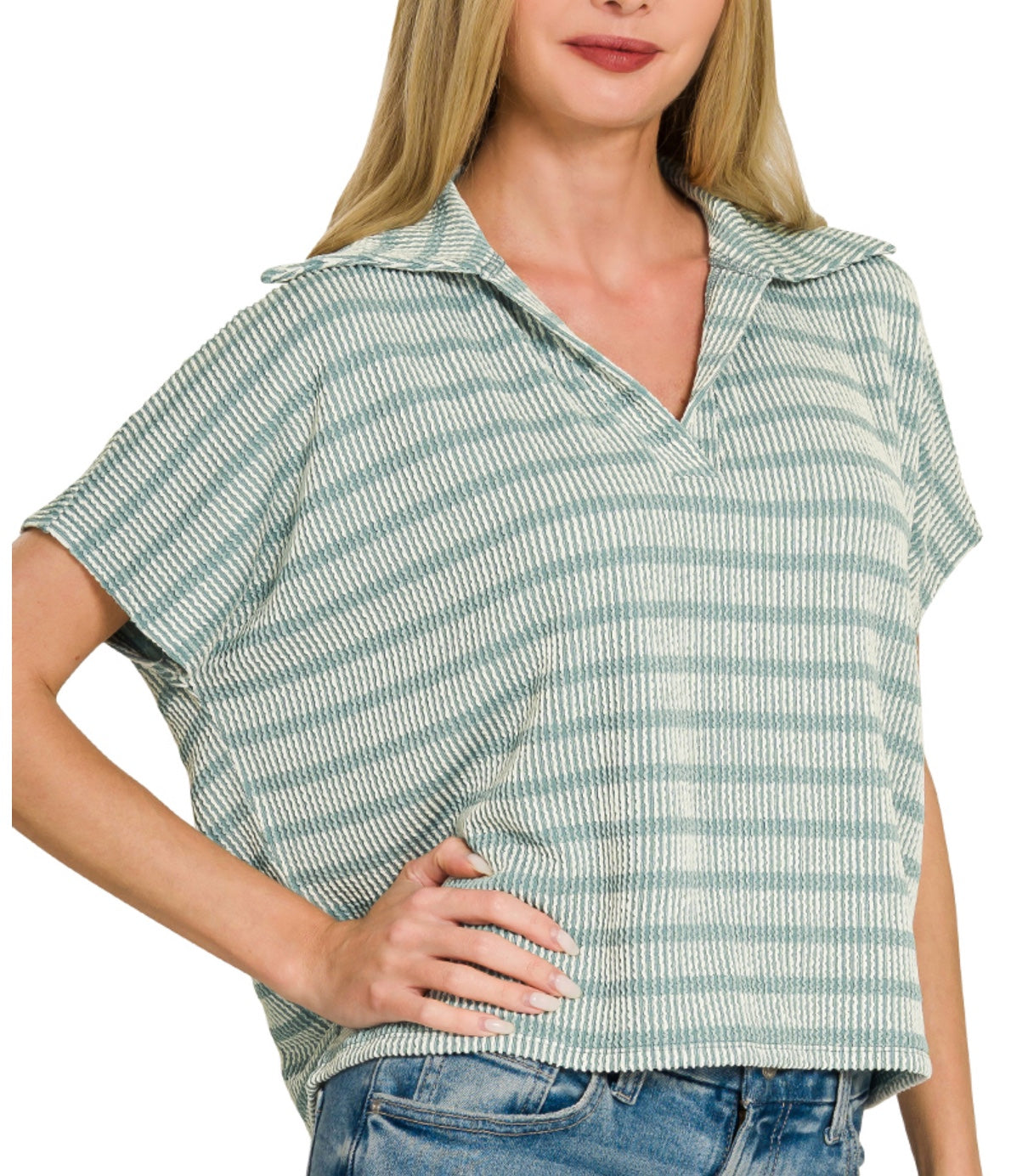 Raised rib striped collared top In Jade