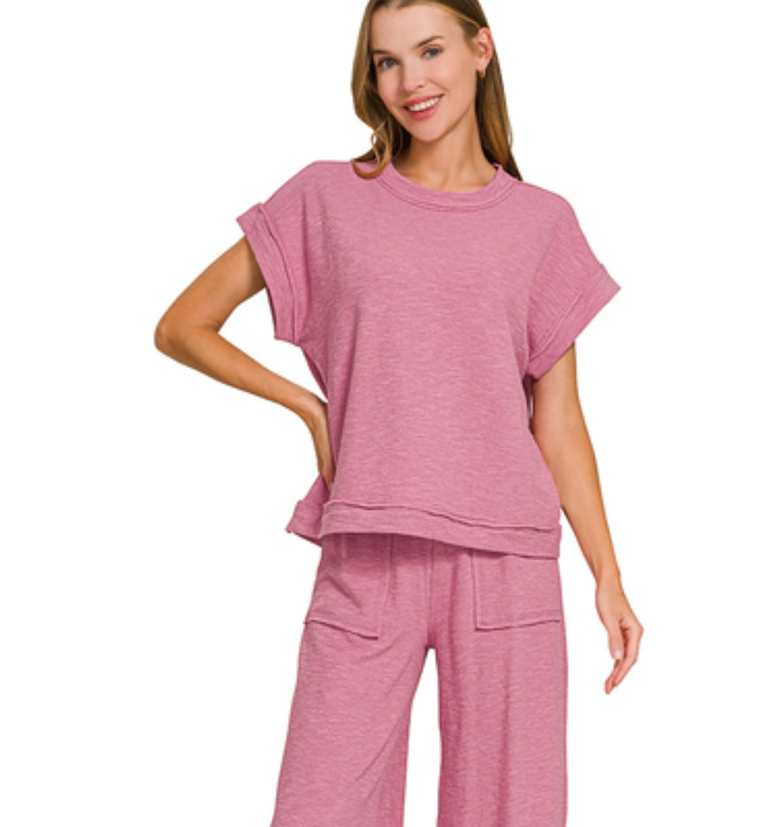 Zenana Cotton Slub Short Sleeve Tee & Long Pants Set in Rose