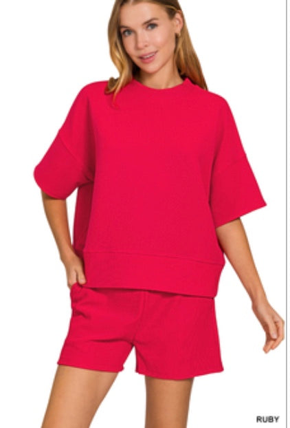 Zenana Ribbed round neck waist banded tee & shorts set Ruby