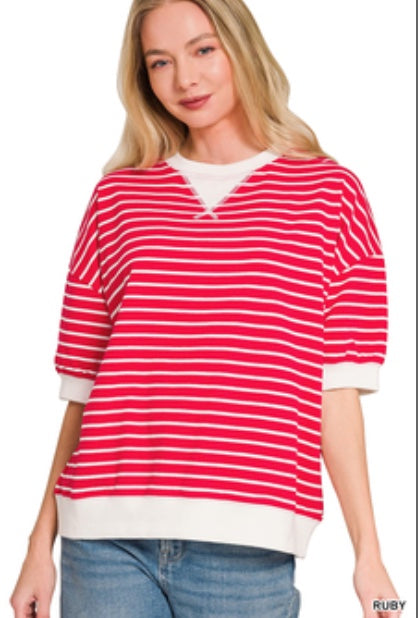 Zenana Striped Rib Banded Pullover Red
