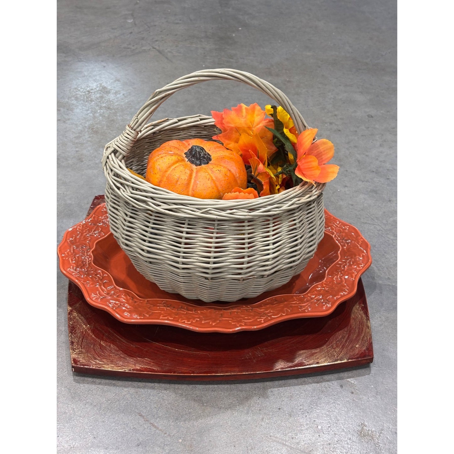 Decorative Wicker Basket With Fall Arrangement & Orange Ceramic Platter Set