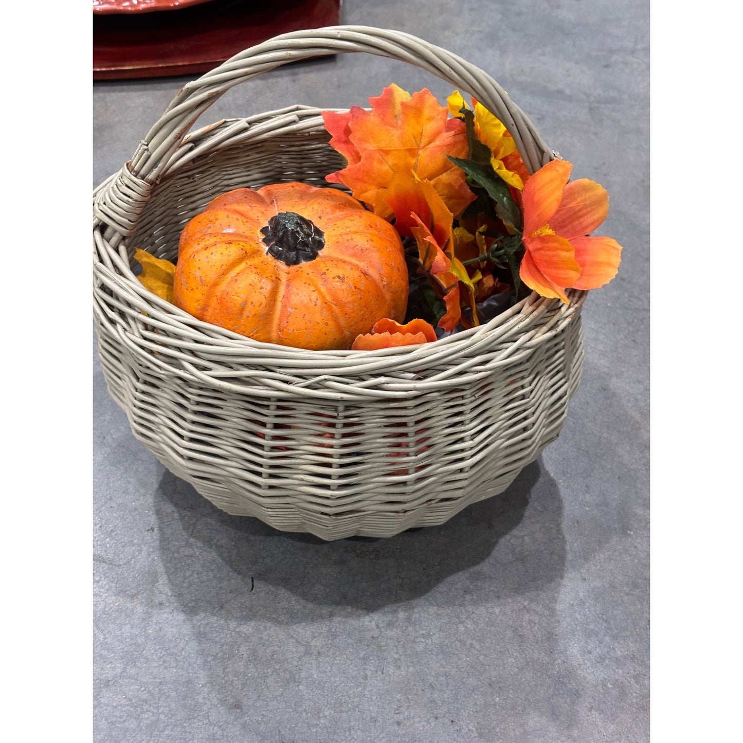 Decorative Wicker Basket With Fall Arrangement & Orange Ceramic Platter Set