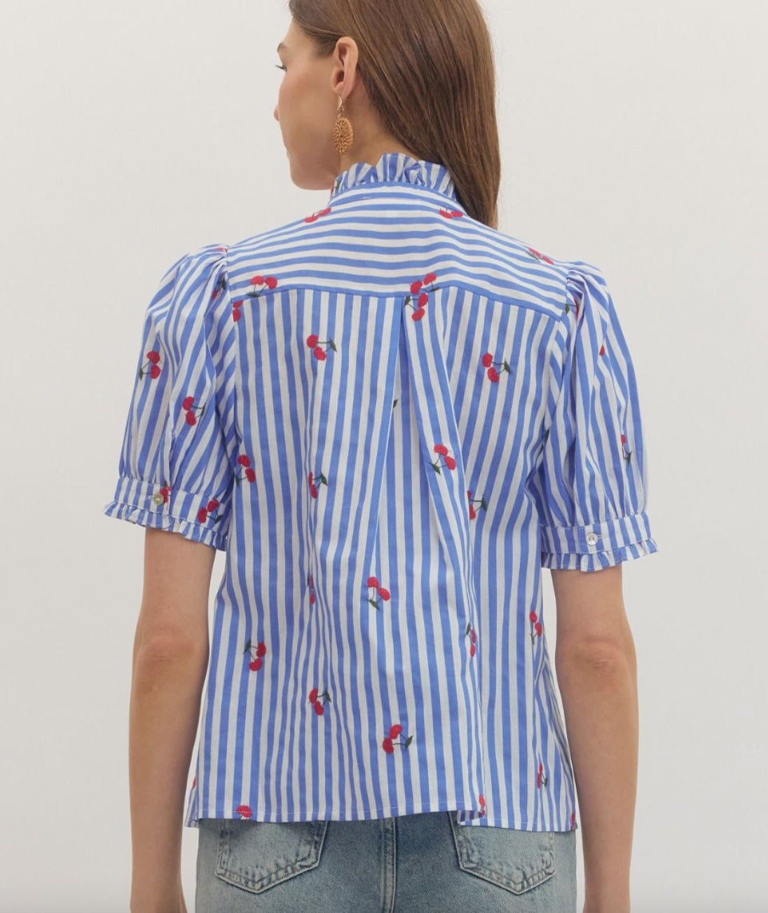Entro Striped Embroidered Cherry Puff Sleeve Button Top