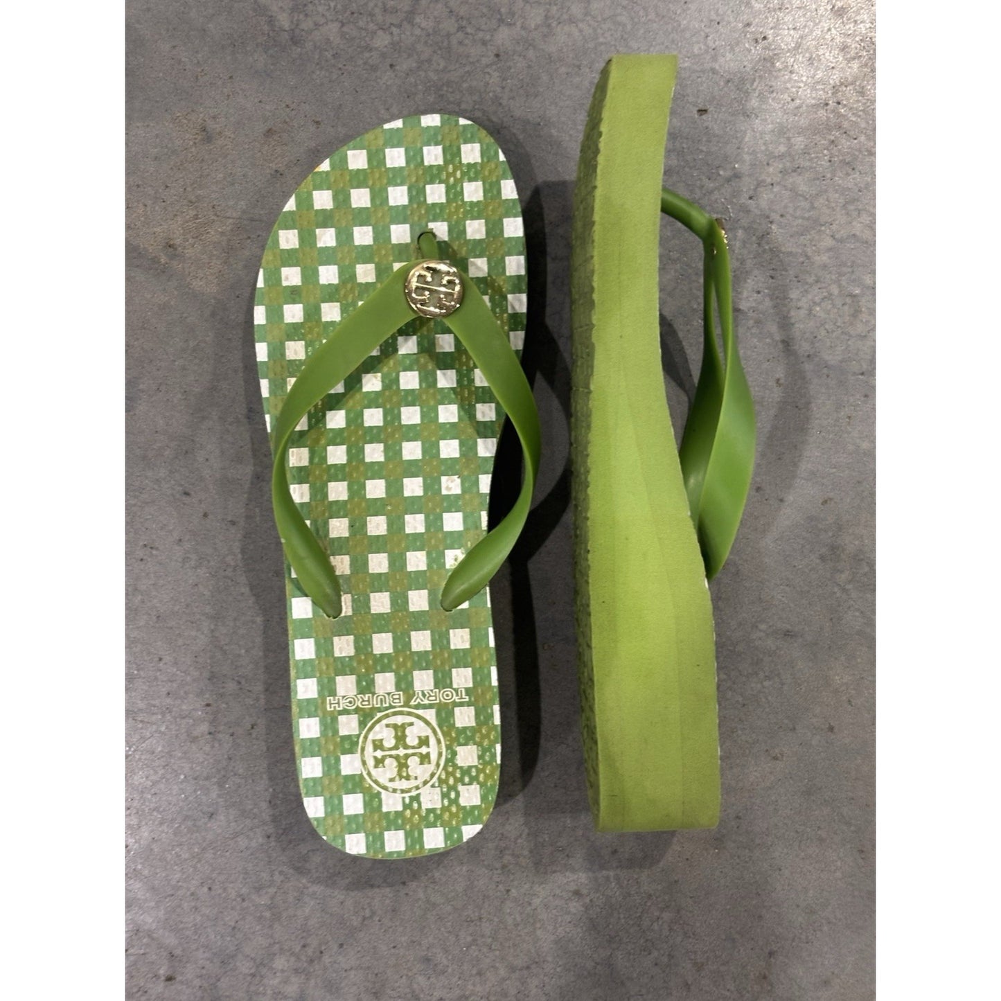 Tory Burch Green Checkered Wedge Flip Flop Size 8