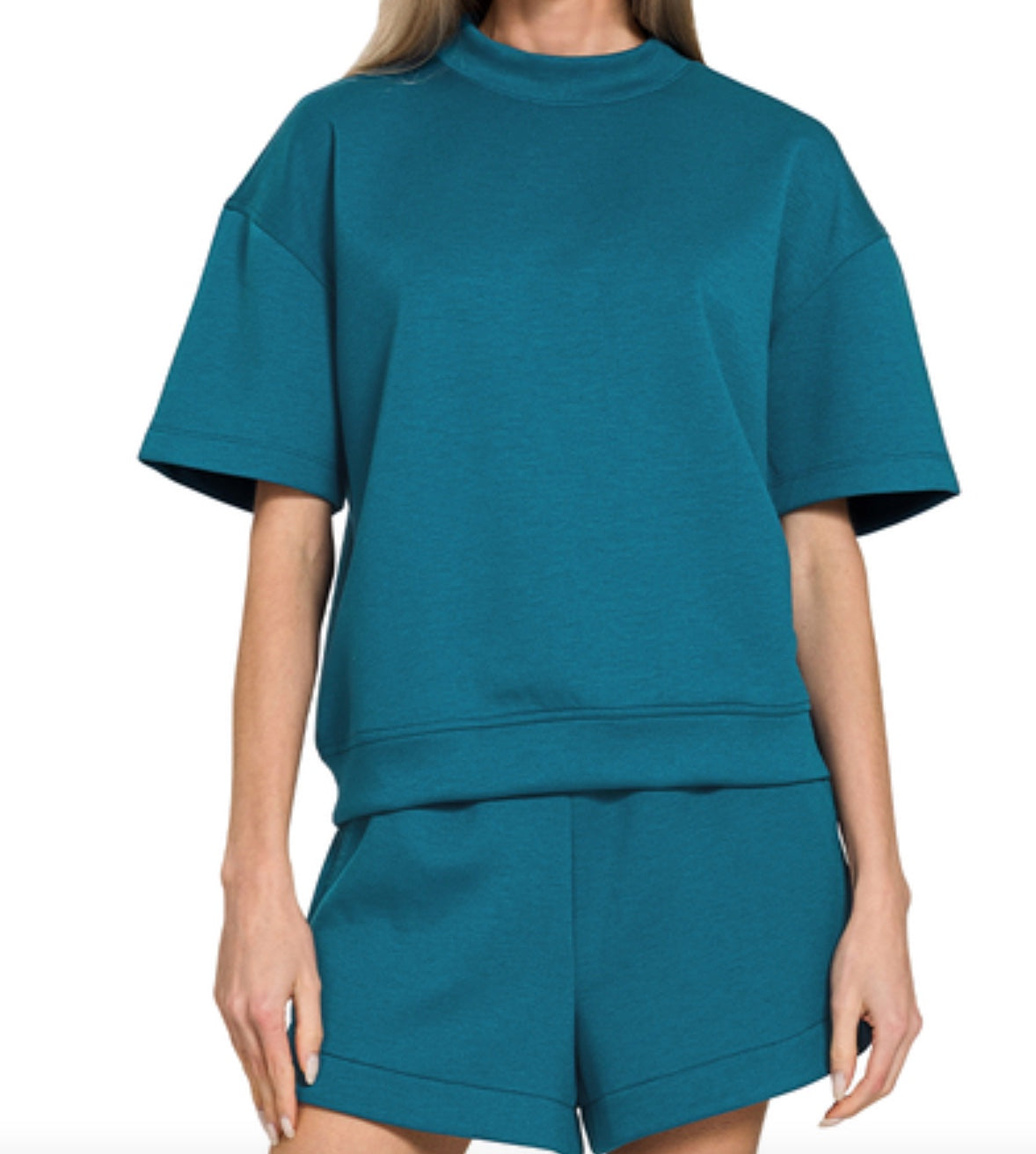 Zenana Scuba High Neck Top & Dolphin Shorts Set in Teal