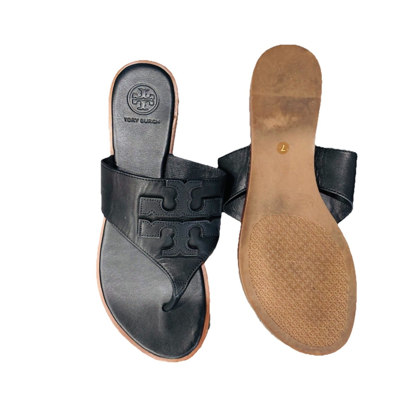 Tory Burch JAMIE Weston Embossed Logo Thong Sandals in Black US 7