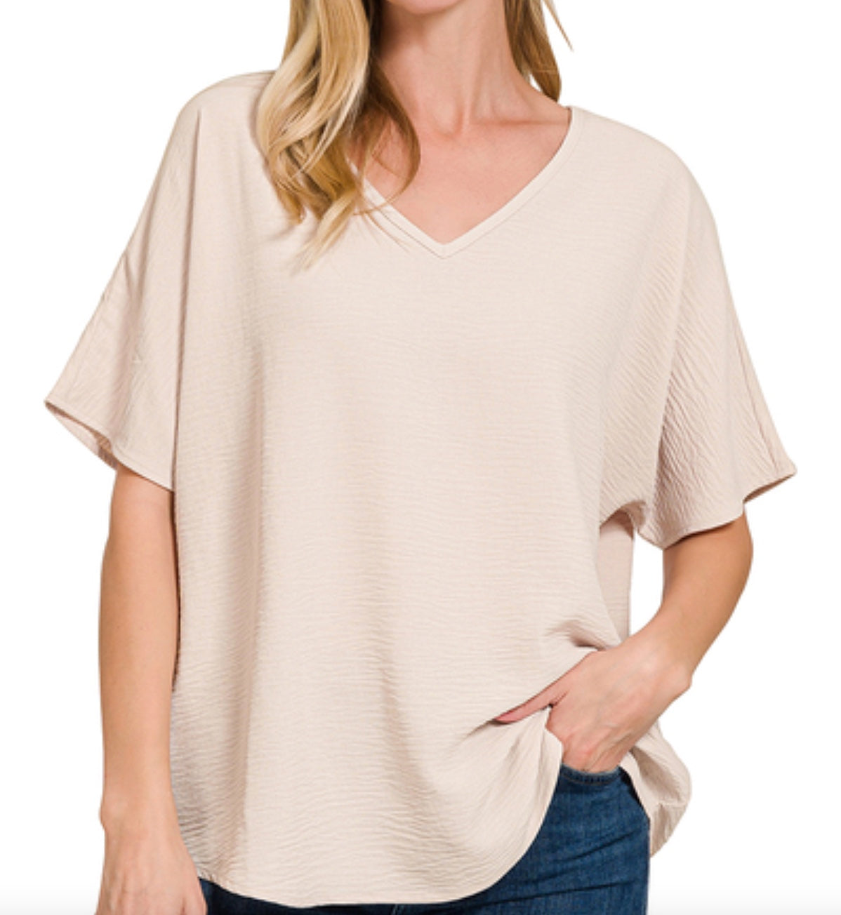 Zenana Woven Airflow V-Neck Short Sleeve Top