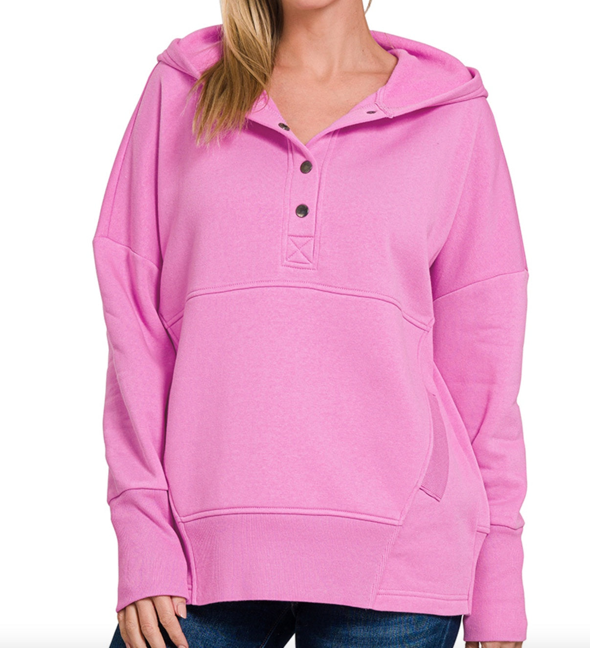 Zenana Fleece Half-Snap Button Hooded Sweatshirts