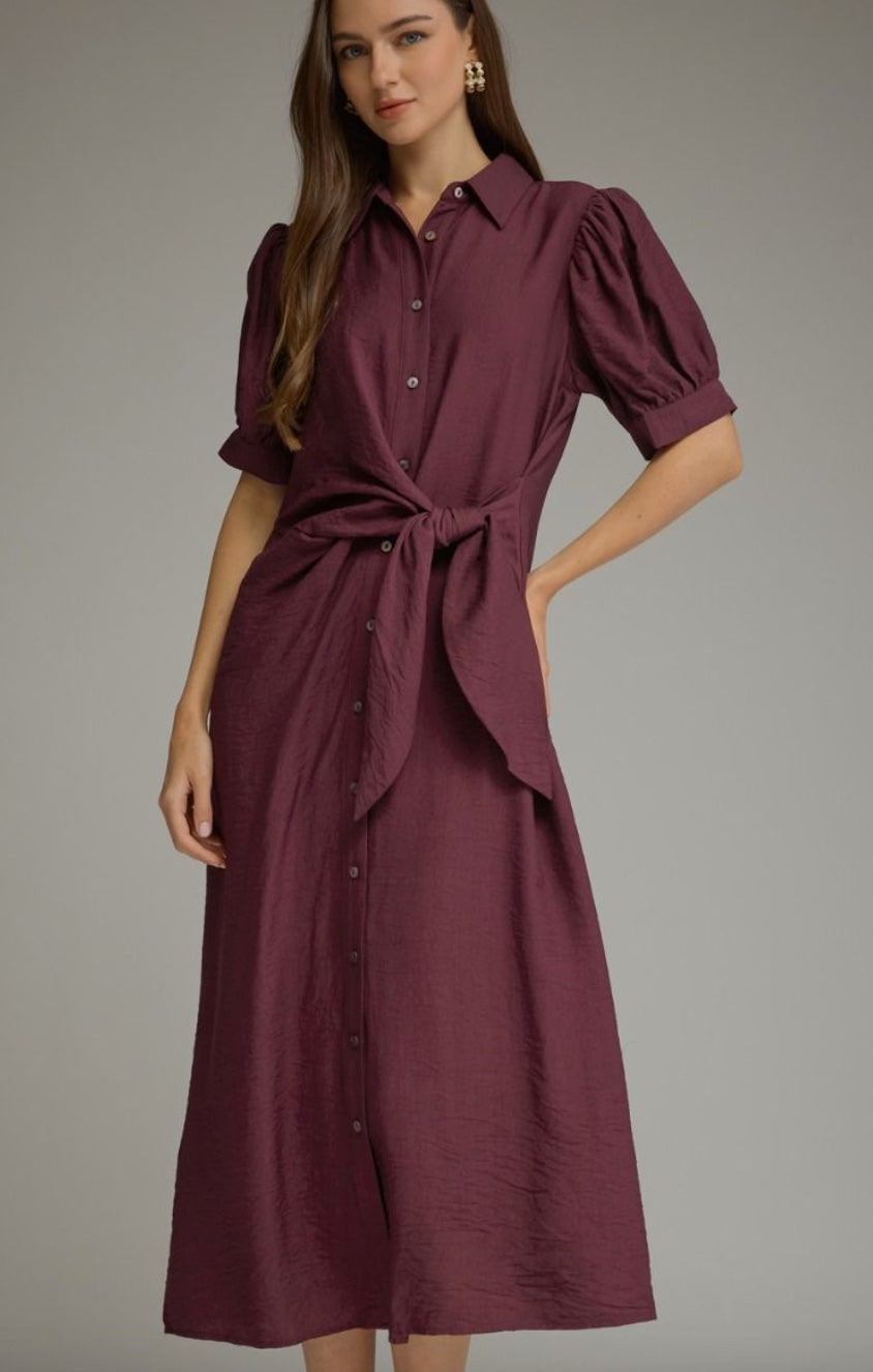 Entro Solid Short Puff Sleeve Midi Dress Featuring Self-tie waist.