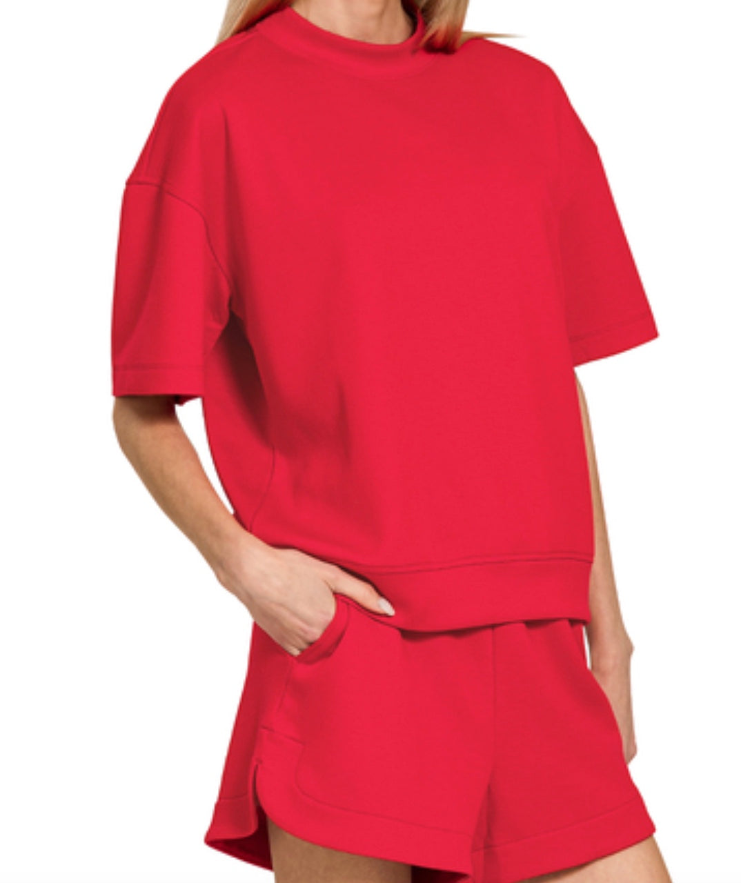 Zenana Scuba High Neck Top & Dolphin Shorts Set in Ruby