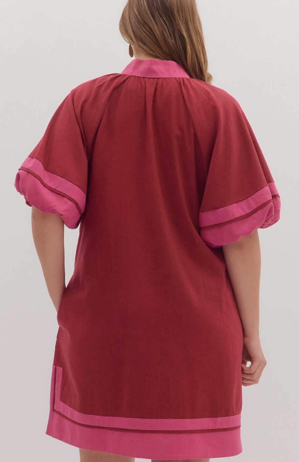 Entro Plus Size Solid Contrast Lantern Sleeves Slit Hem Split Collar Pockets Lined Dress
