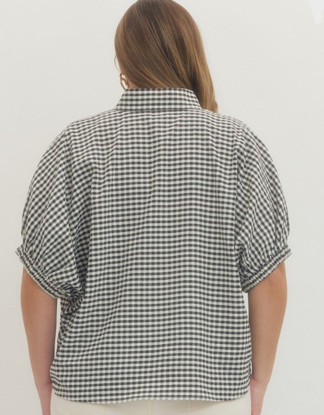 Entro Plus Size Gingham Short Dolman Sleeve Top V-Neck