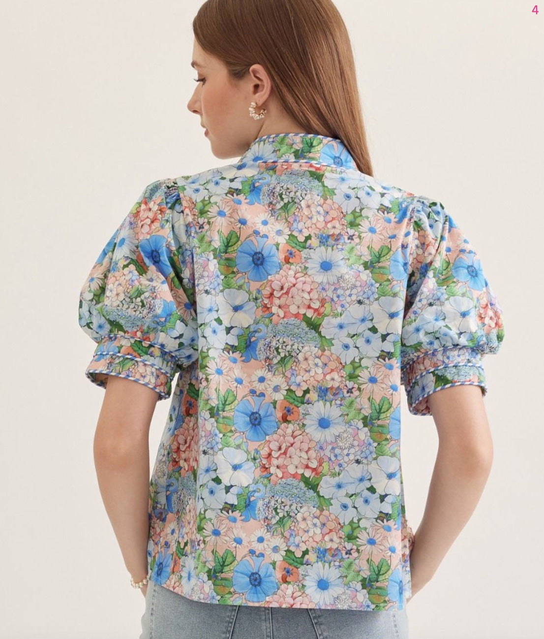 Entro Floral Short Puff Sleeve Top Featuring Split Neck With Contrast Binding