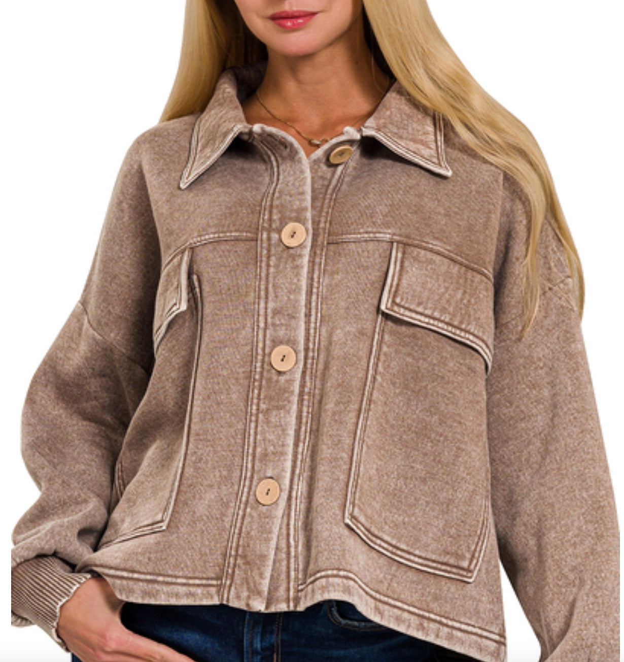 Zenana Acid Washe Fleece Front Pocket Cropped Shacket