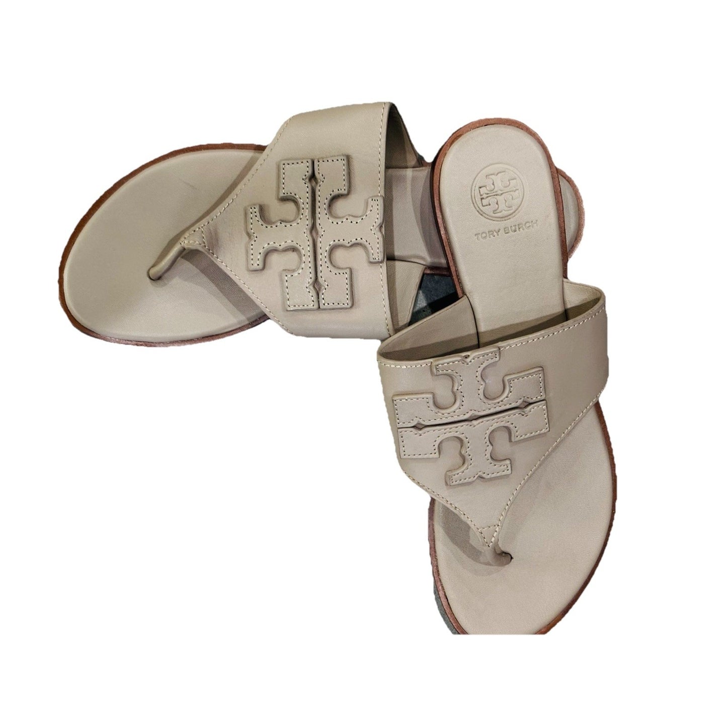 Tory Burch JAMIE Weston Embossed Logo Thong Sandals in Tan US 7