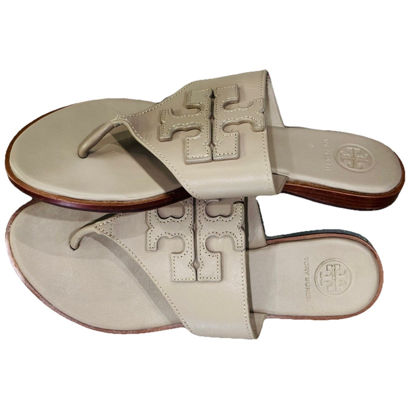 Tory Burch JAMIE Weston Embossed Logo Thong Sandals in Tan US 7