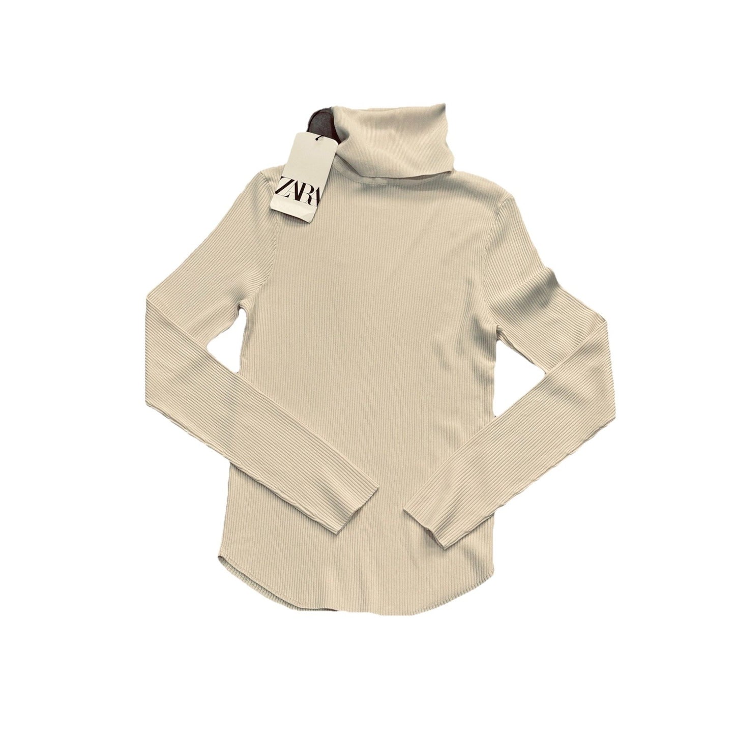 Zara Turtleneck Long Sleeve Knit Shirt Womens M Ivory Ribbed Stretch