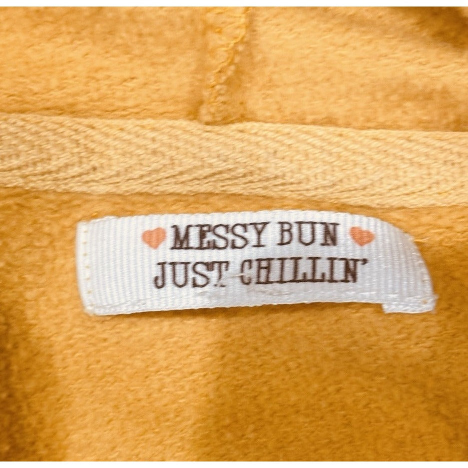 Women's Messy Bun Just Chillin Mustard Cropped Hoodie Size Large Soft Comfy