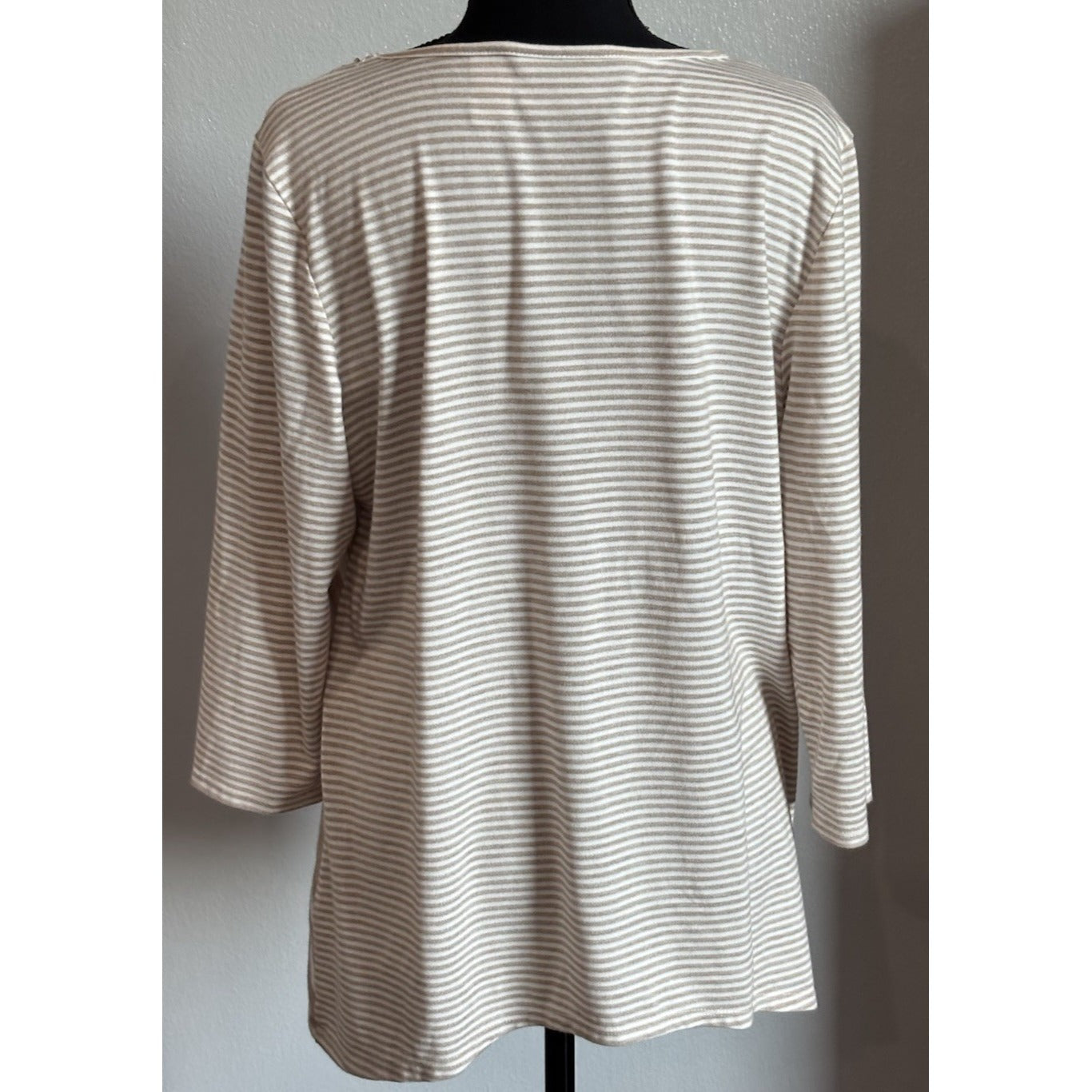 Alfred Dunner Top Women's M White Brown Stripe 3/4 Sleeve