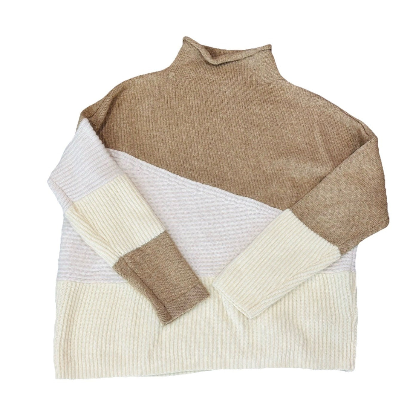 French Connection Wool Blend Neutral Patchwork Funnel Neck Sweater