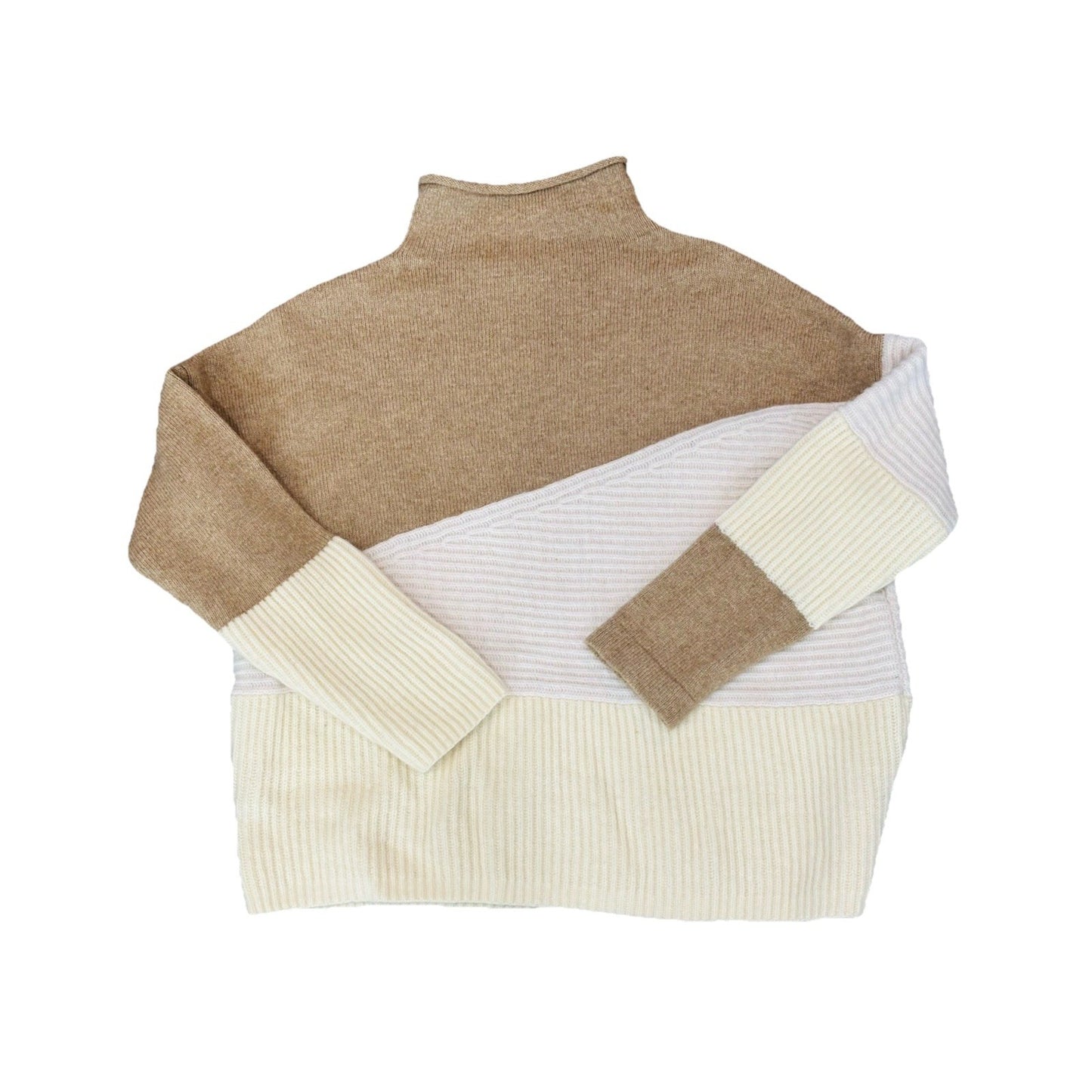 French Connection Wool Blend Neutral Patchwork Funnel Neck Sweater