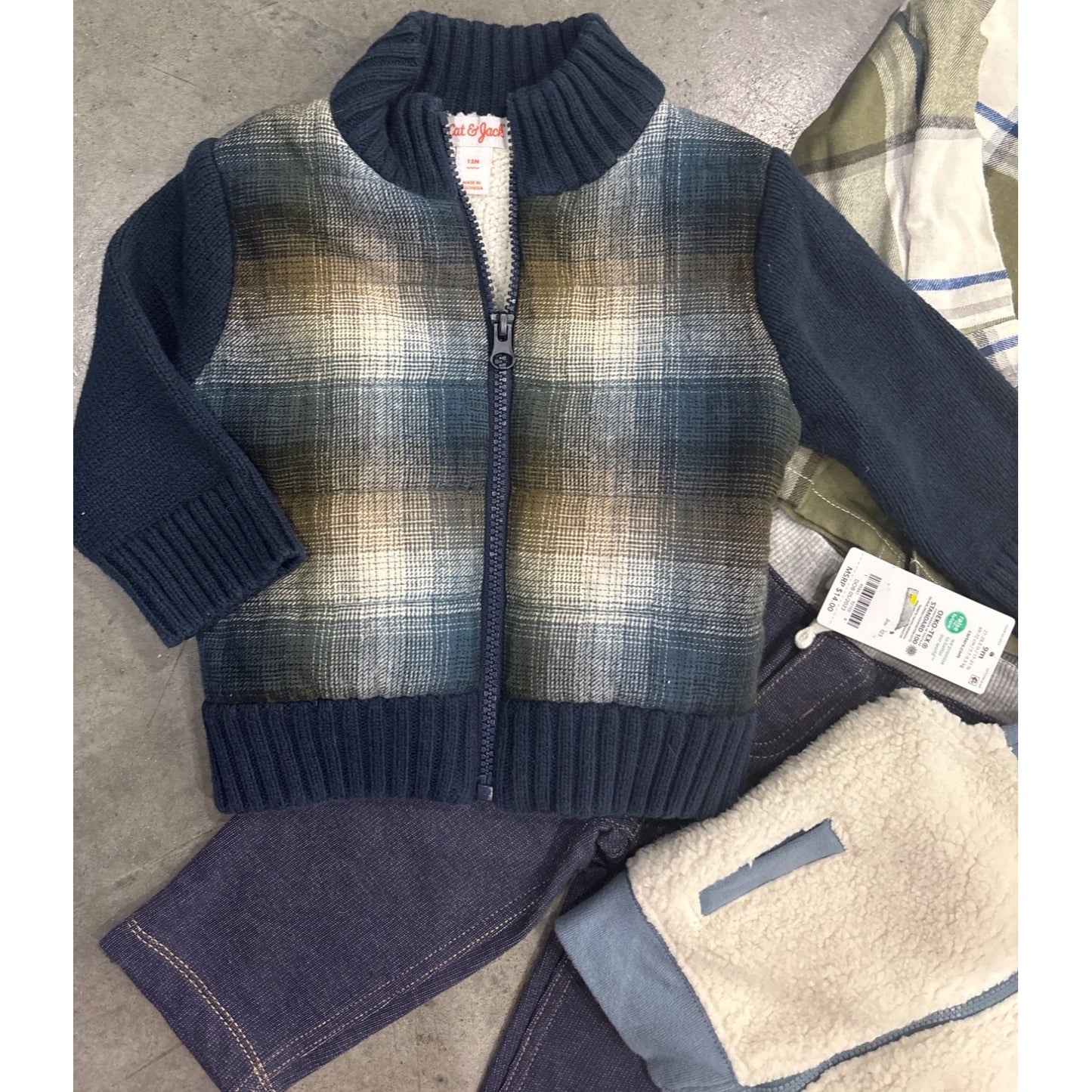 Baby Boys 3-Piece Outfit Set: Plaid Shirt Knit Jacket & Sherpa Vest  Size 12M  Carters & Cat & Jack  Cotton Polyester