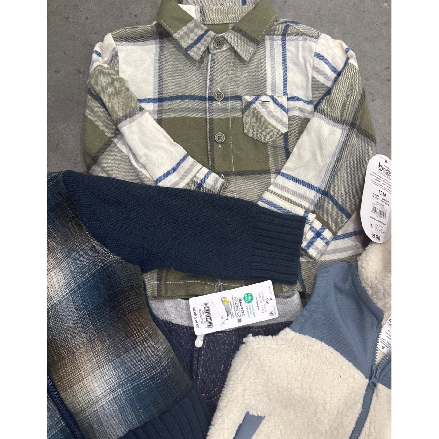 Baby Boys 3-Piece Outfit Set: Plaid Shirt Knit Jacket & Sherpa Vest  Size 12M  Carters & Cat & Jack  Cotton Polyester