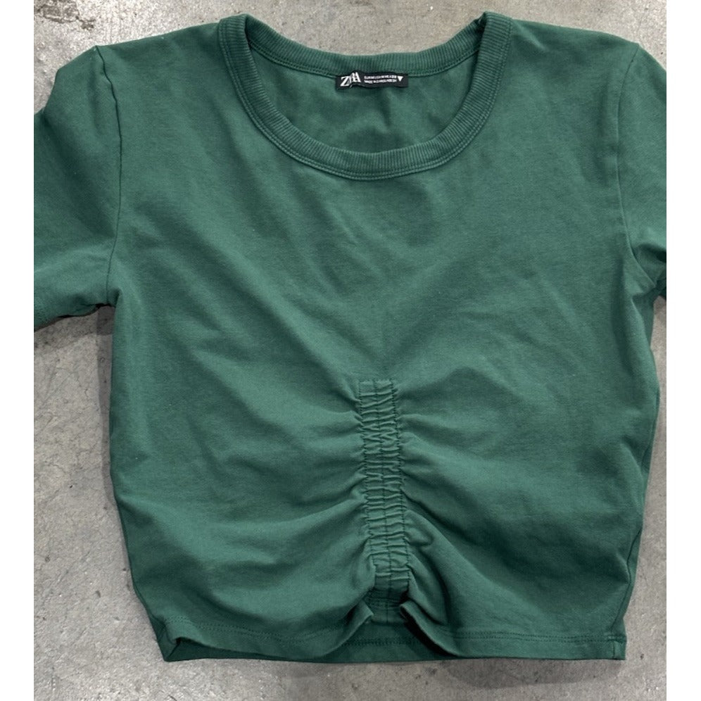 Zara Green Crew Neck Shirt With Rouching  Size Medium