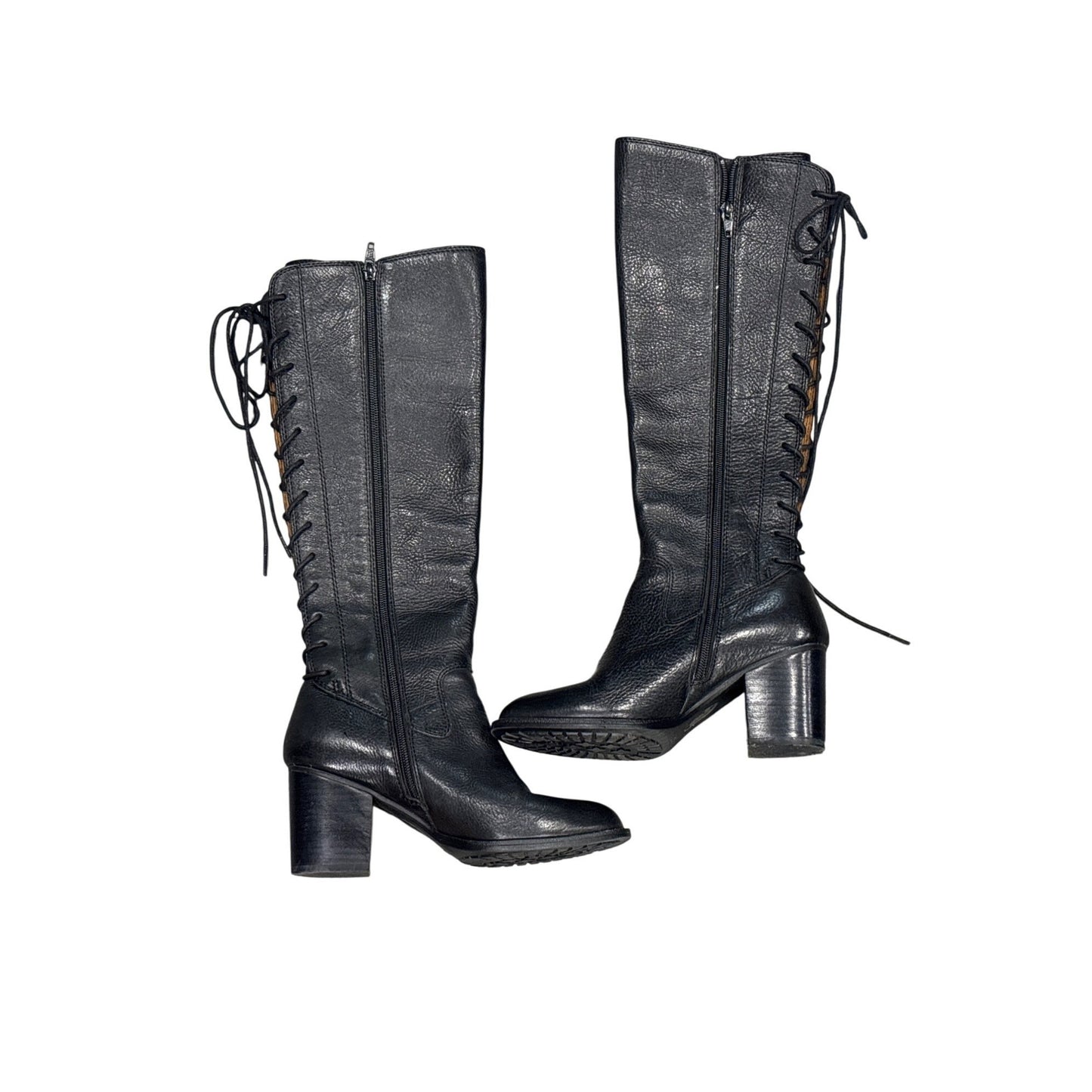 Söfft Black Leather Tall Boots With Lace-Up Back & Side Zipper Size 6