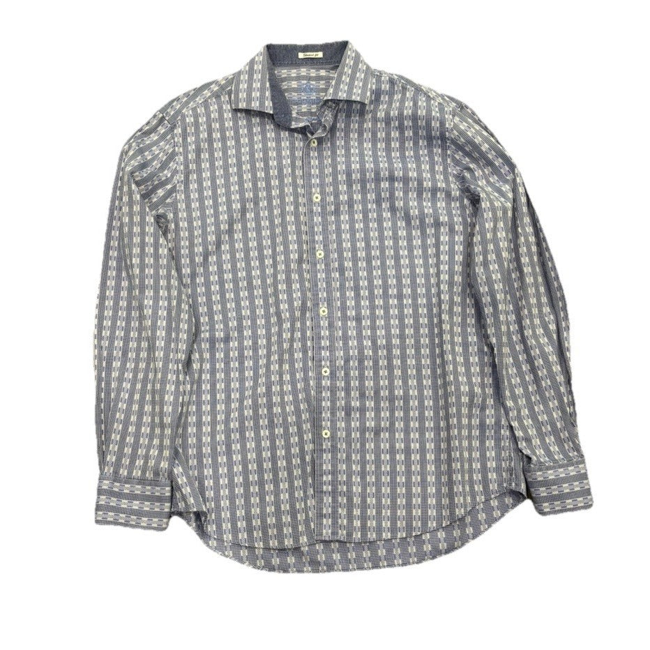 Bugatchi Shaped Fit Checker Print Blue/White Button Down Size Medium