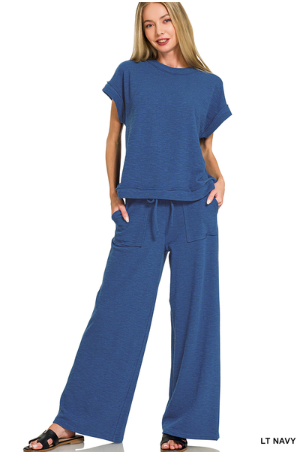 Zenana Cotton slub short sleeve tee & long pants set