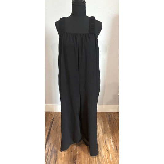 Black Wide-Leg Sleeveless Jumpsuit With Ruched Straps By Lesley Evers