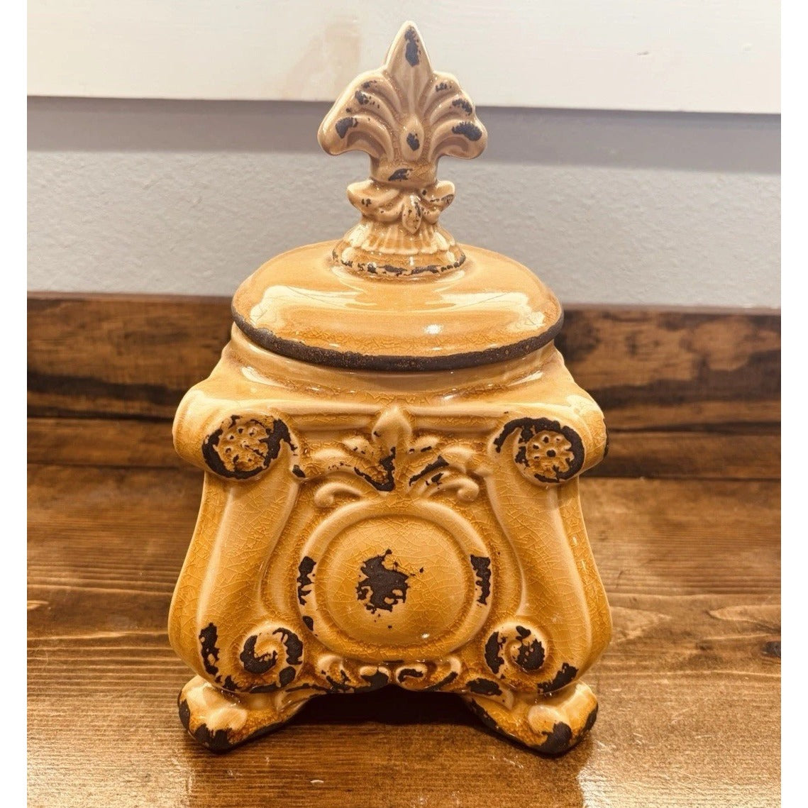 Small Mustard Covered Decorative Canister 10 Inches