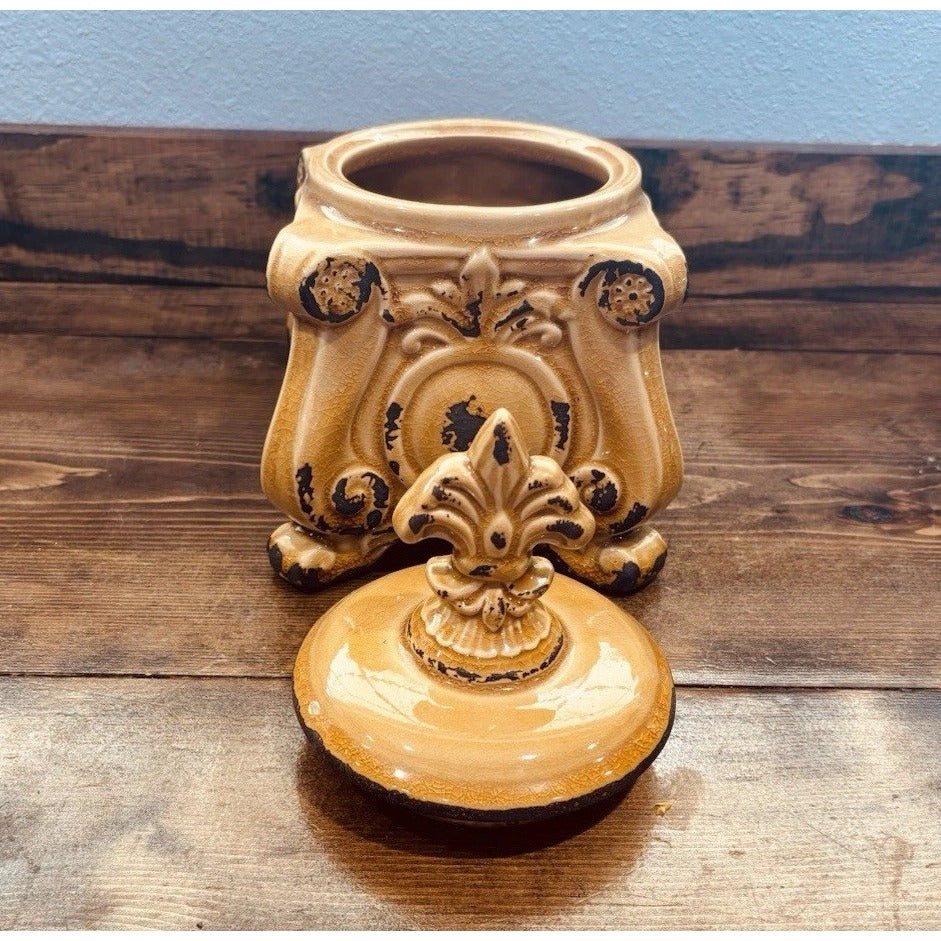 Small Mustard Covered Decorative Canister 10 Inches