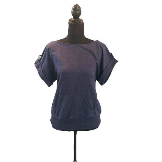 Miss Chevious Woman’s Size Top Short Sleeve Button Cinched Waist Navy Blue SizeM