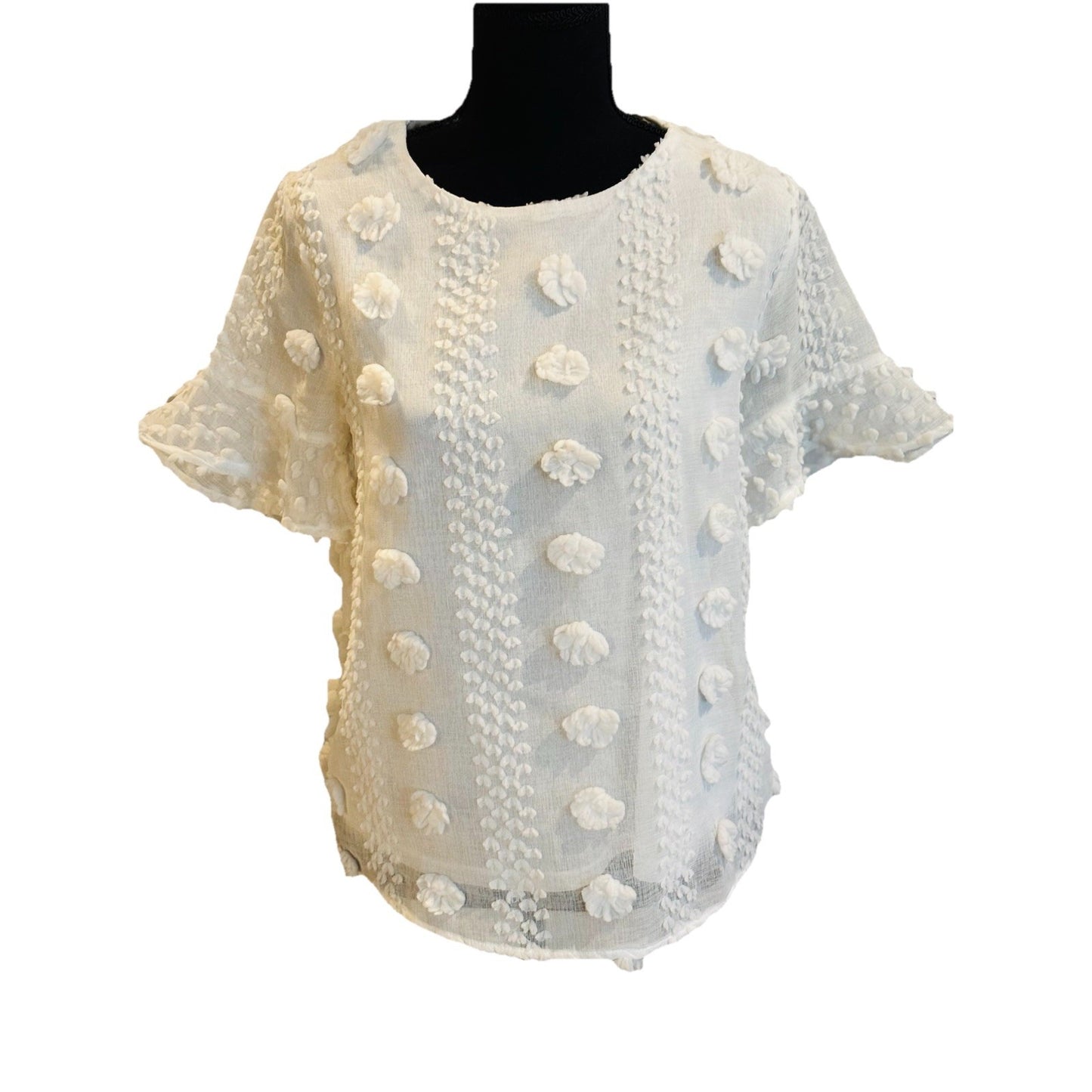 Entro White Textured 3d Short Bell Sleeve Lined Blouse Size Small