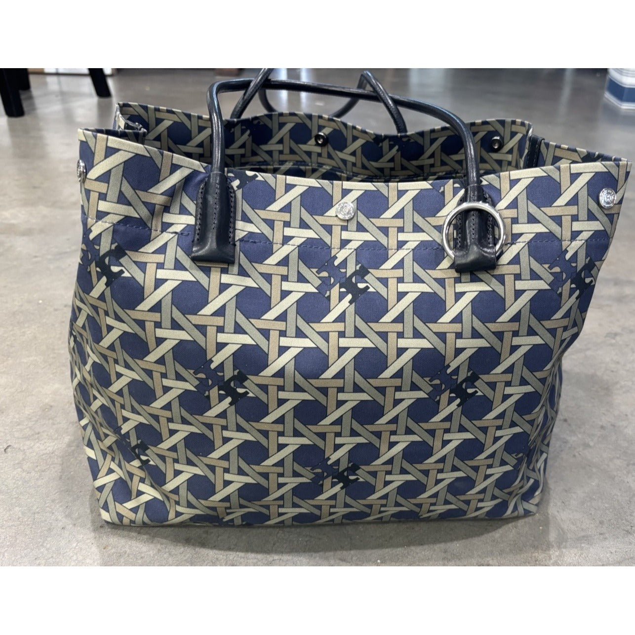 Tory Burch  Basketweave Canvas/ Leather Handles Tote Bag Navy