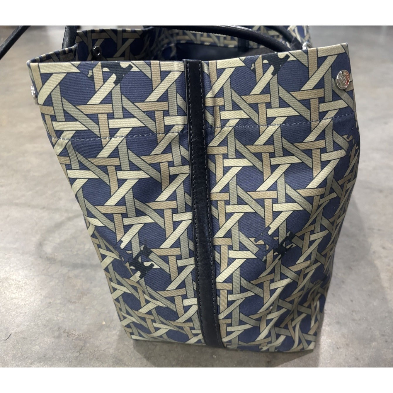 Tory Burch  Basketweave Canvas/ Leather Handles Tote Bag Navy