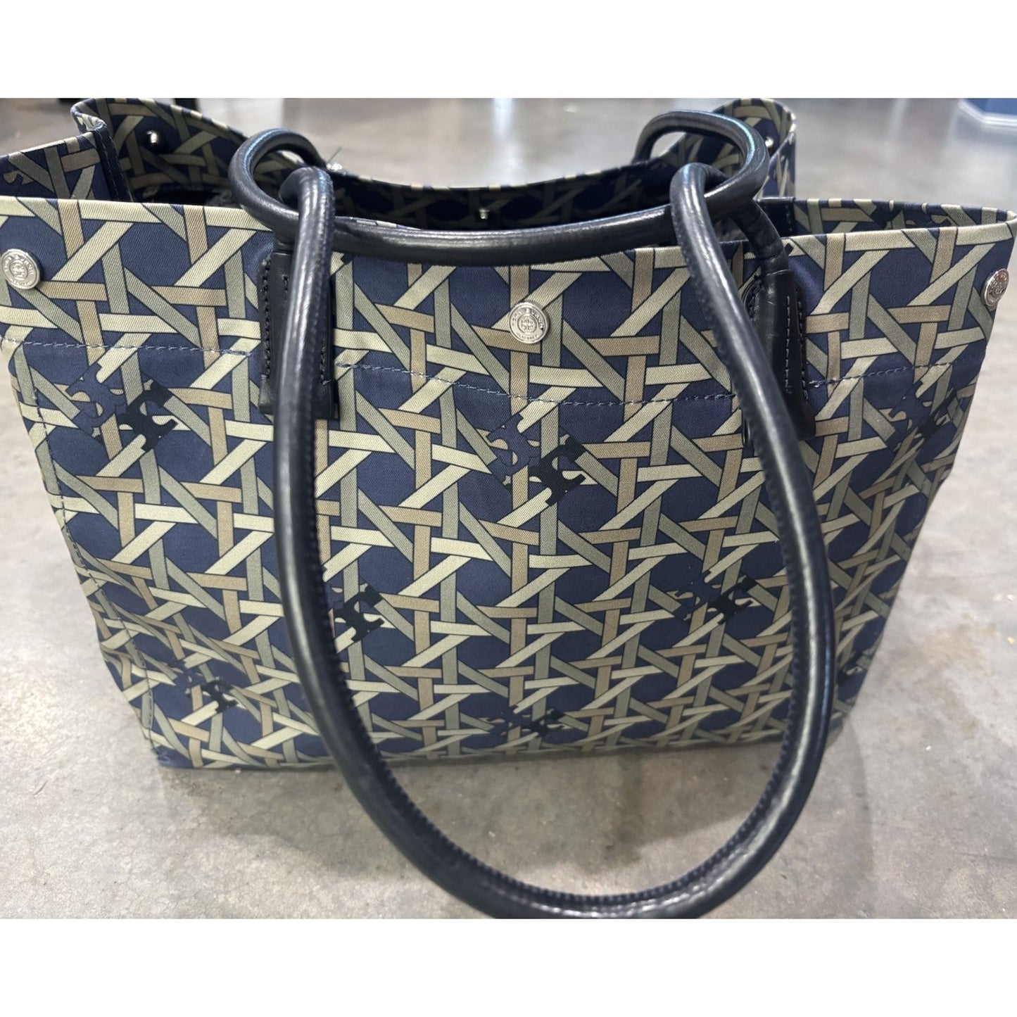 Tory Burch  Basketweave Canvas/ Leather Handles Tote Bag Navy