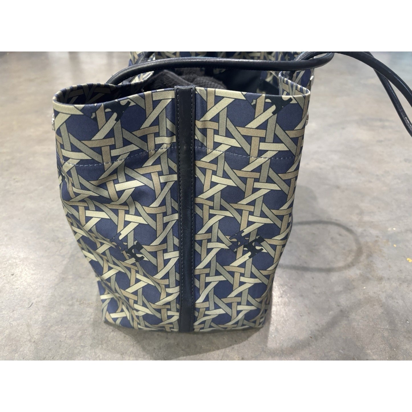 Tory Burch  Basketweave Canvas/ Leather Handles Tote Bag Navy