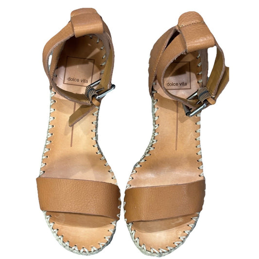 Dolce Vita Noor Tan Leather Espadrille Wedges Sandals - Size 6.5