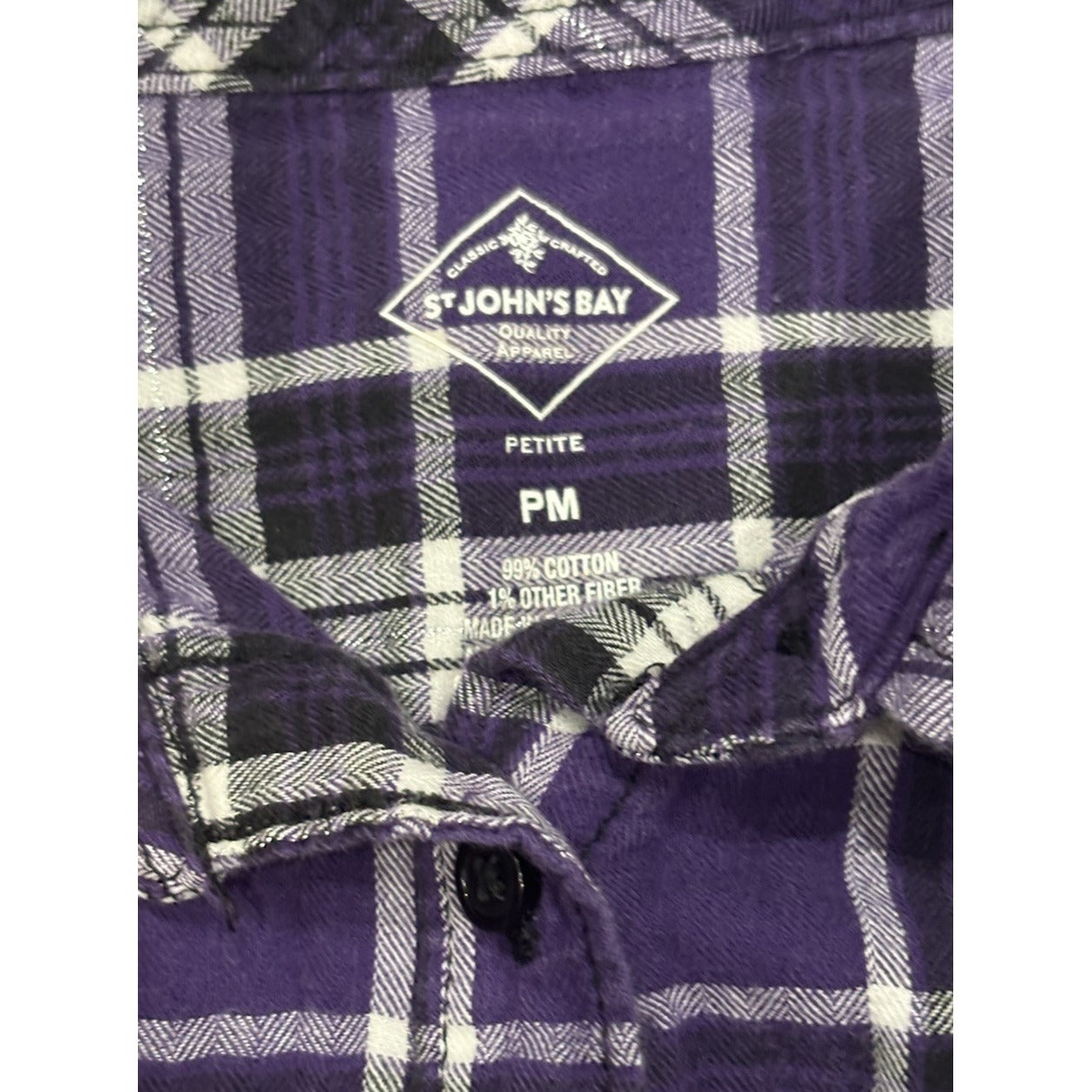 St. John's Bay Women's Flannel PM Purple Black Plaid 100% Cotton