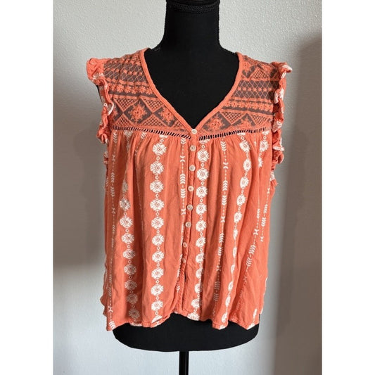 Miss Me Embroidered Cap Sleeve Coral Blouse Size Large