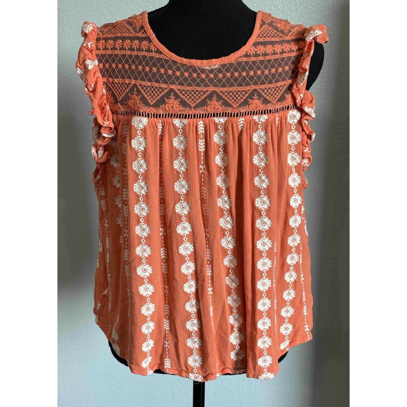 Miss Me Embroidered Cap Sleeve Coral Blouse Size Large