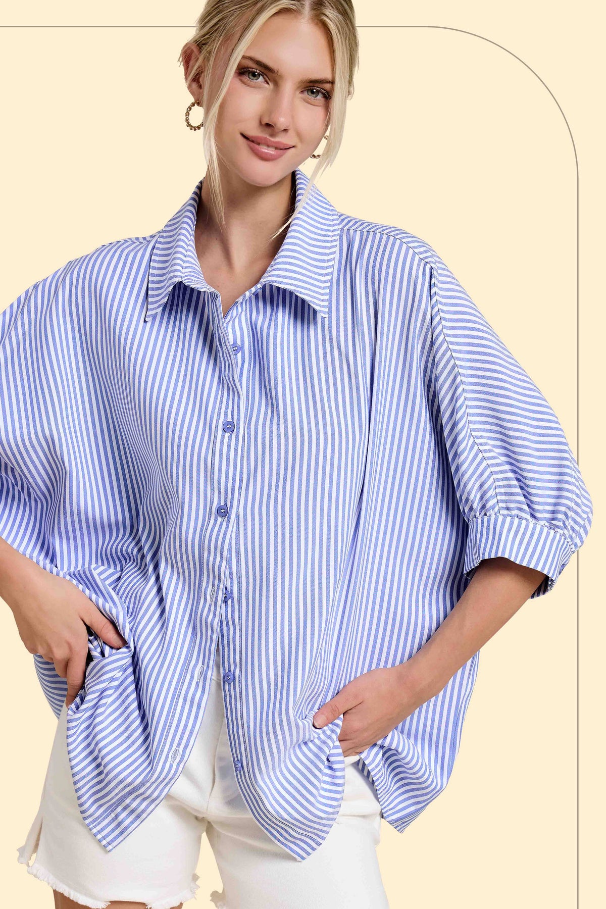 La Miel Relaxed Striped 3/4 Sleeve Button Down Shirt Fall