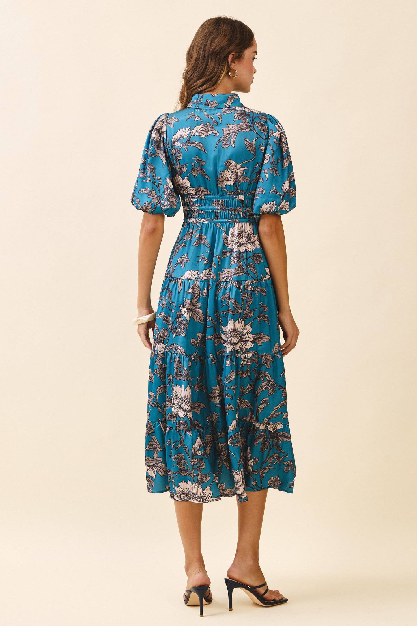 CD06279-Floral Print Collared Neck Button Front Dress