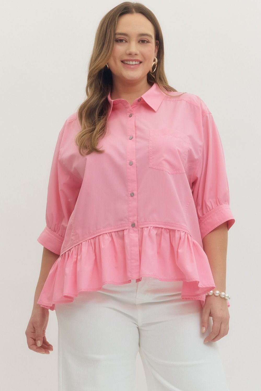 Entro Solid 3/4 Sleeve Button Down Ruffle Hem in Pink Plus-Size